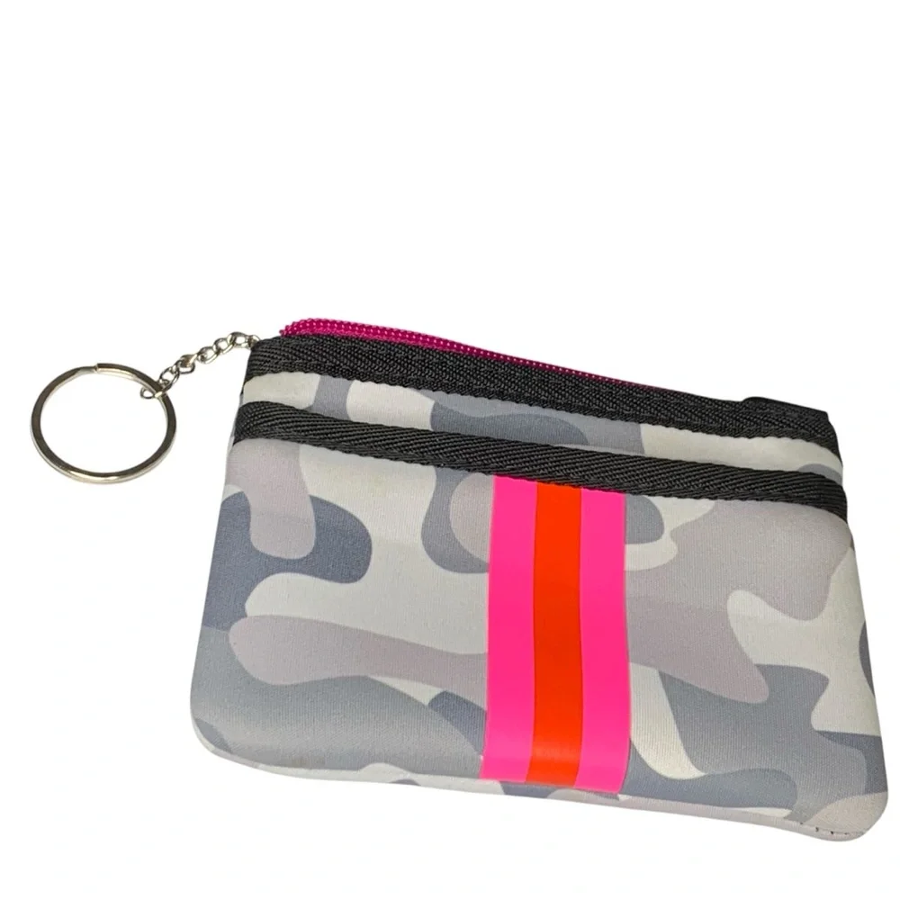 Haute Shore neoprene card keychain‎ case in gray camo and neon pink.